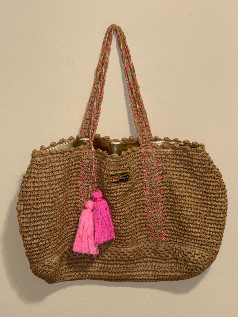 Lilly Pulitzer Woven Straw Tote Bag with Pink Tassels